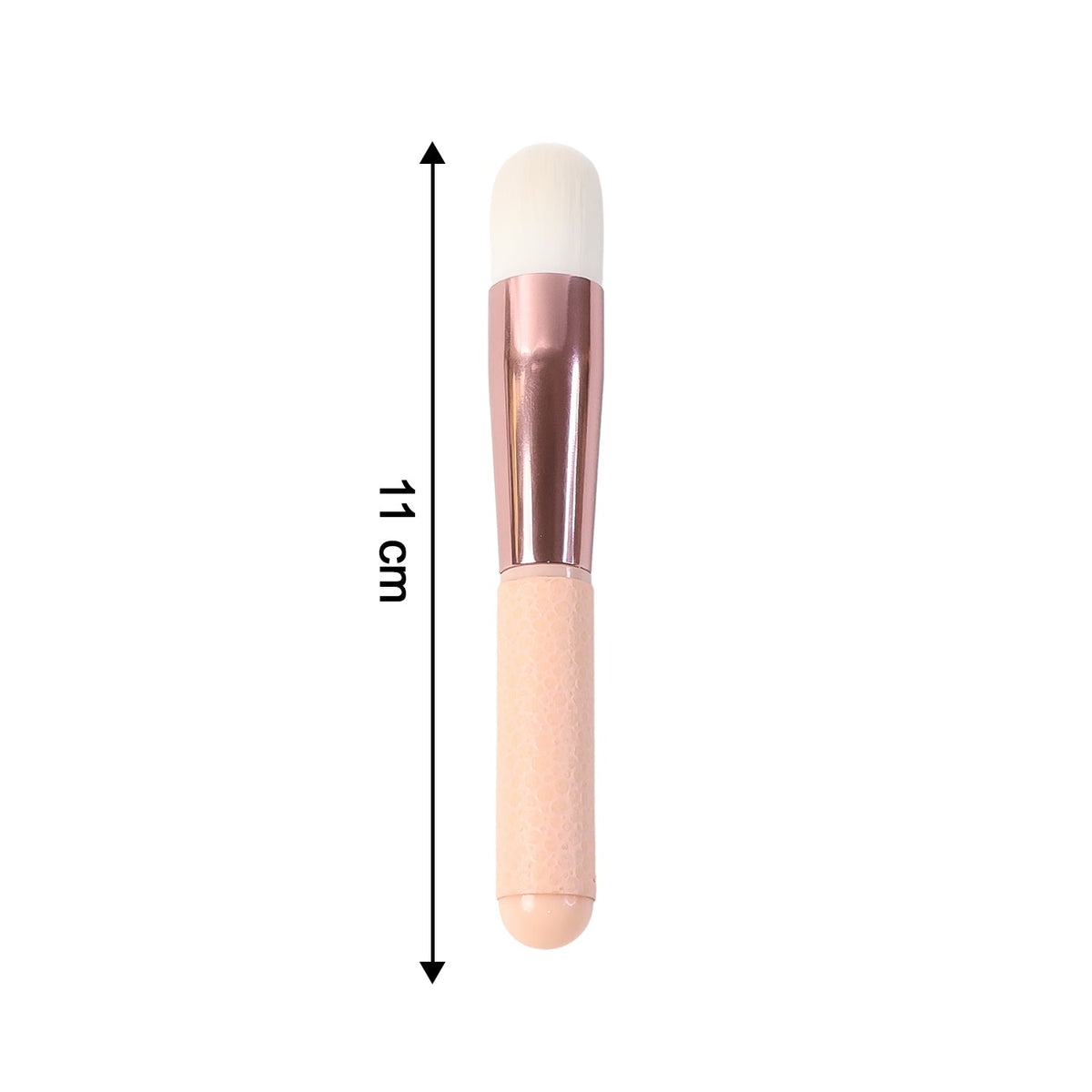 A pink and rose gold makeup brush with a white brush head, showing an 11 cm length measurement.