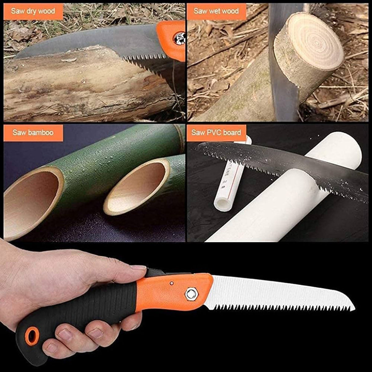 A collage showing the folding saw cutting dry wood, wet wood, bamboo, and PVC board, with a hand holding the saw at the