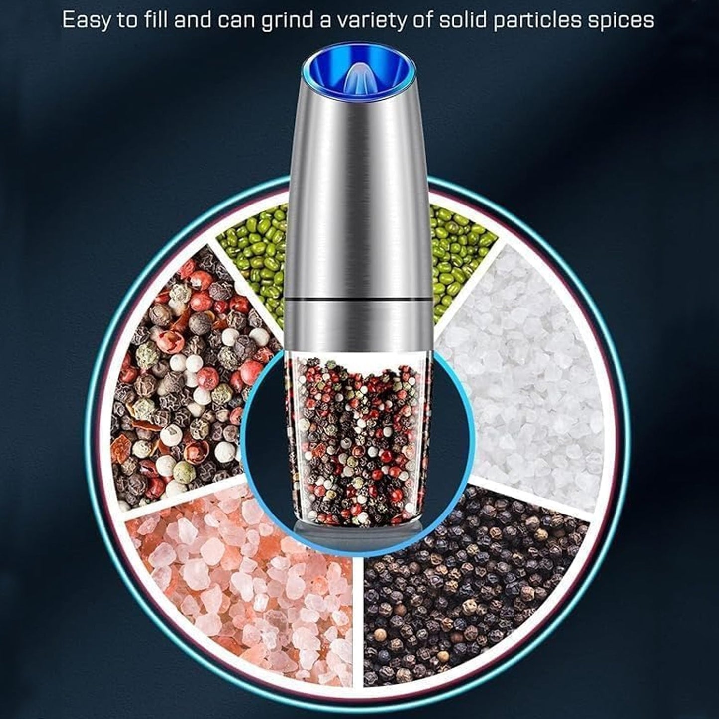 Gravity activated electric grinder tilted to start grinding salt and pepper