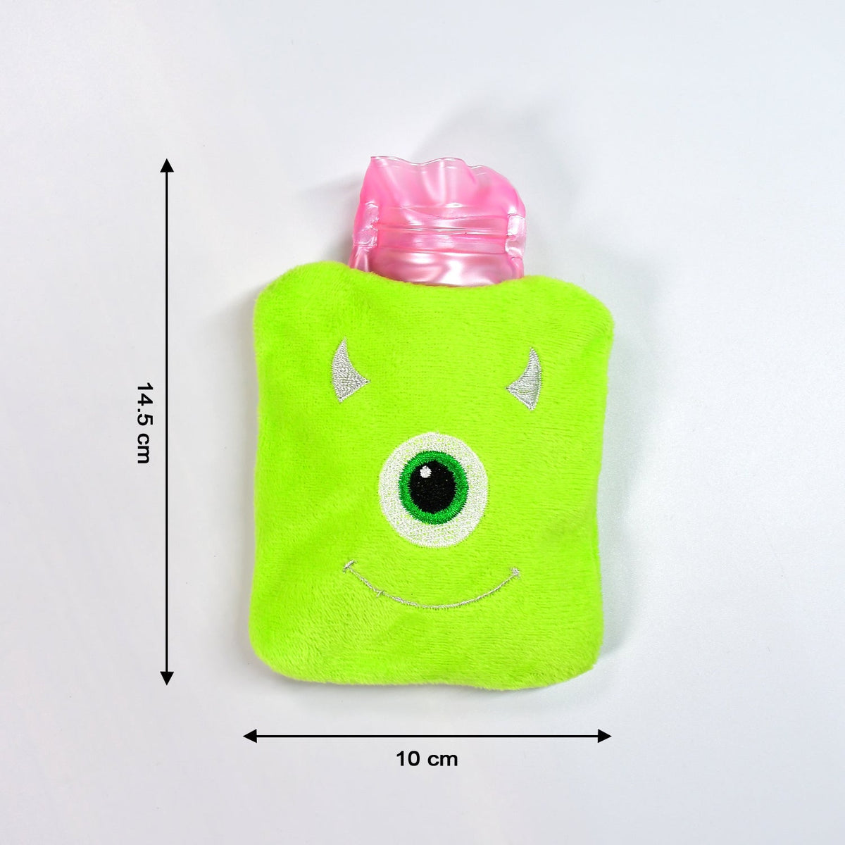 A green monster hot water bag with a pink top is shown with measurements of 14.5 cm height and 10 cm width.