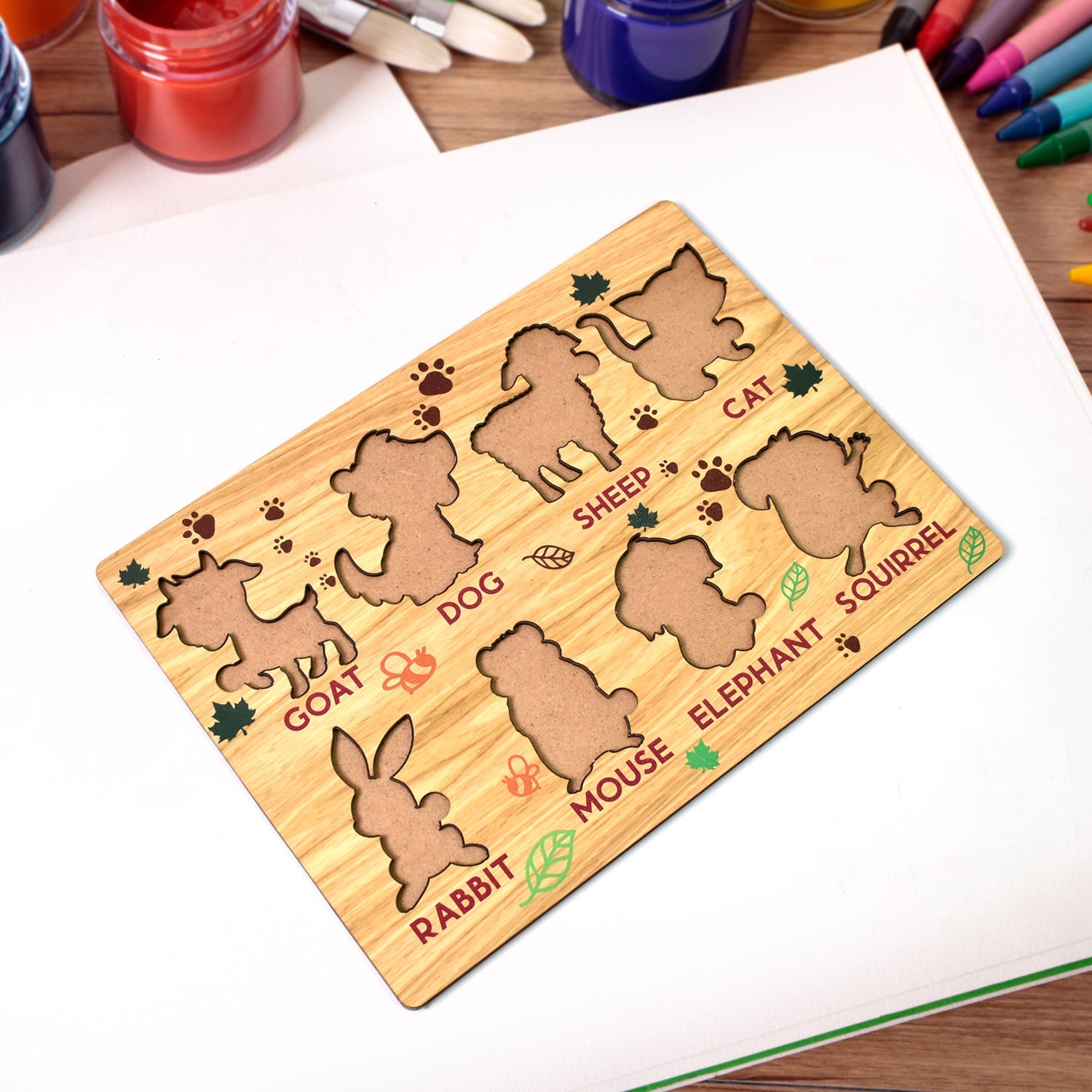 Kid-friendly wooden animal puzzle with chunky, easy-to-grasp pieces.