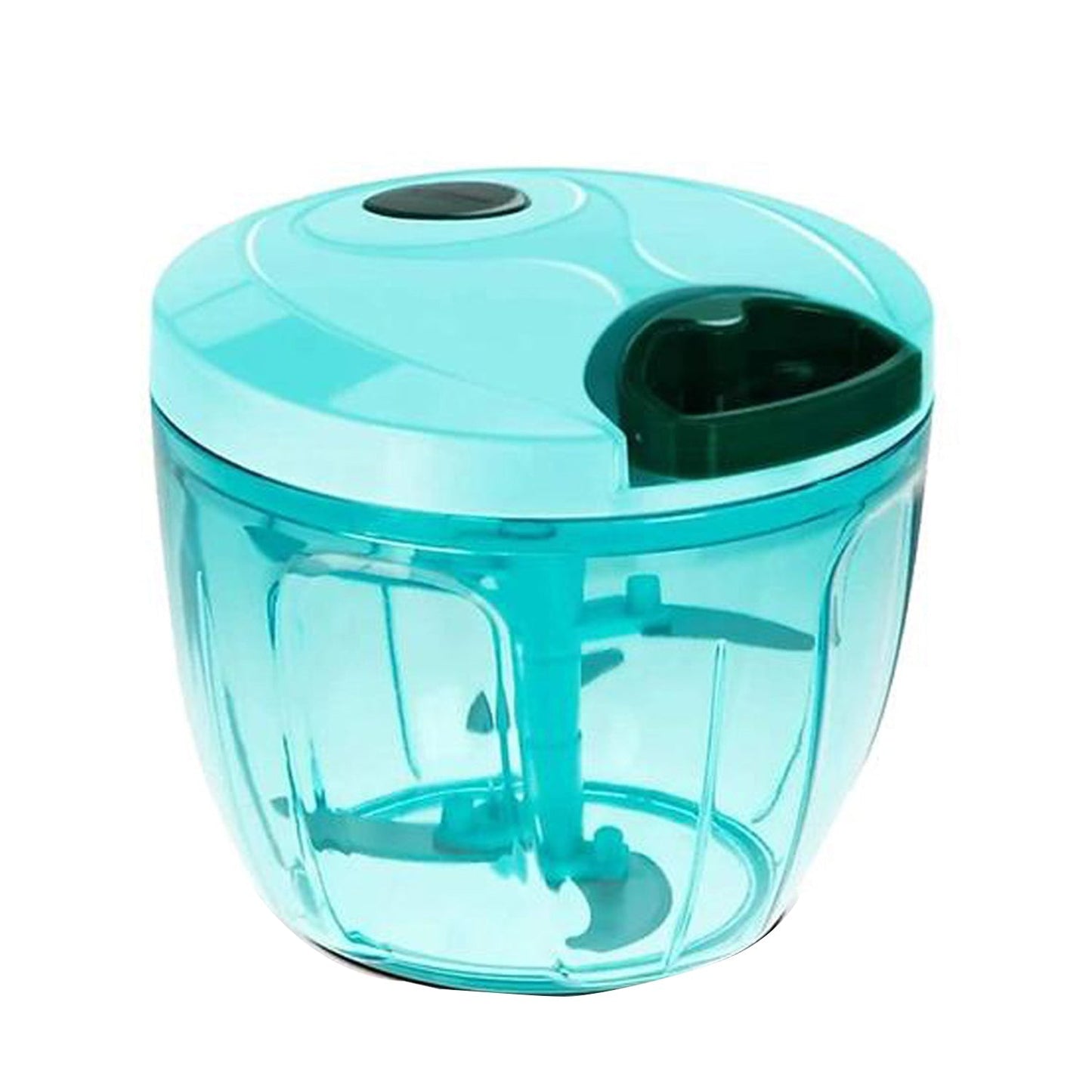 A teal manual food chopper with a clear container and dark teal lid is shown on a white background.