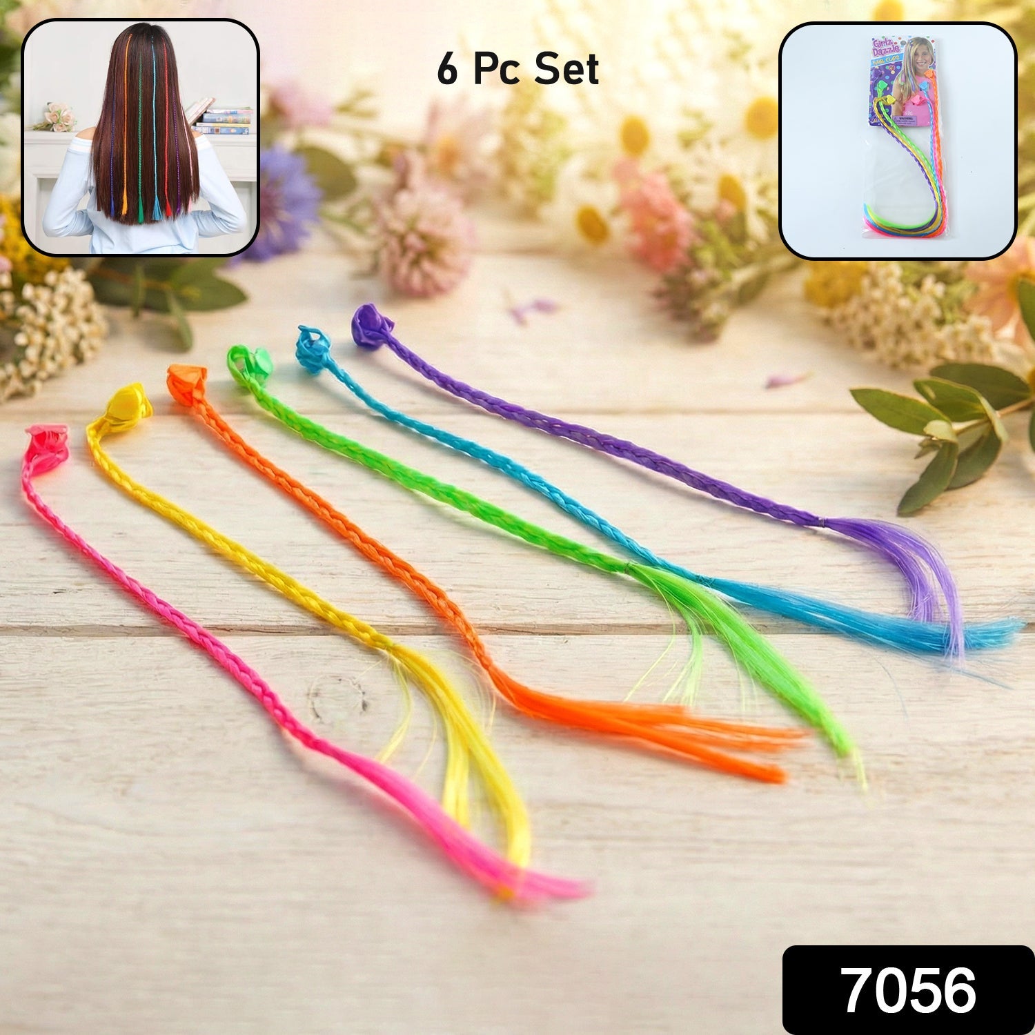 Six colorful braided hair extensions with heart clips lie on a light wood surface, with inset images of use and packaging.