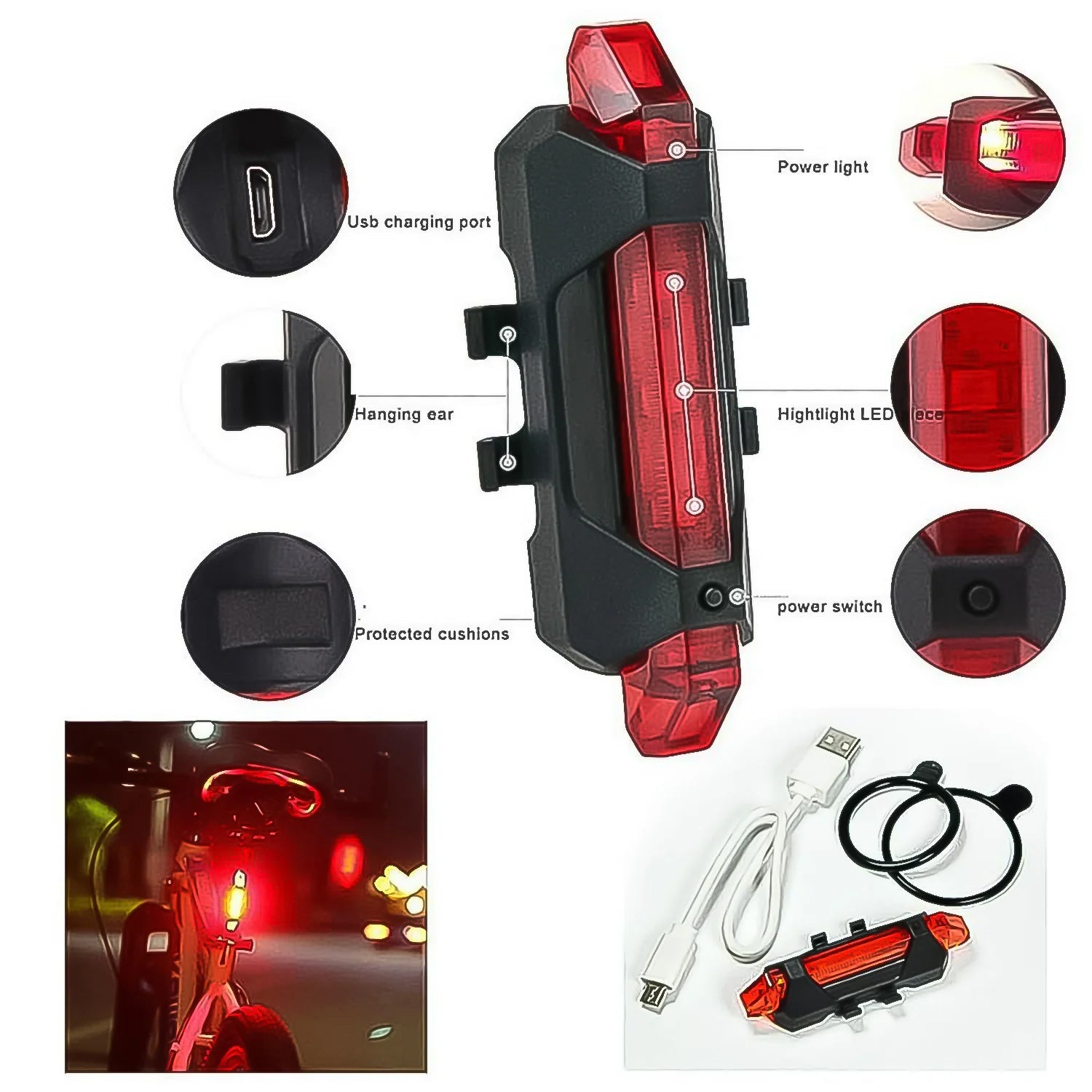 An exploded view of the red LED bicycle tail light showing its parts and features, including the USB charging port and power