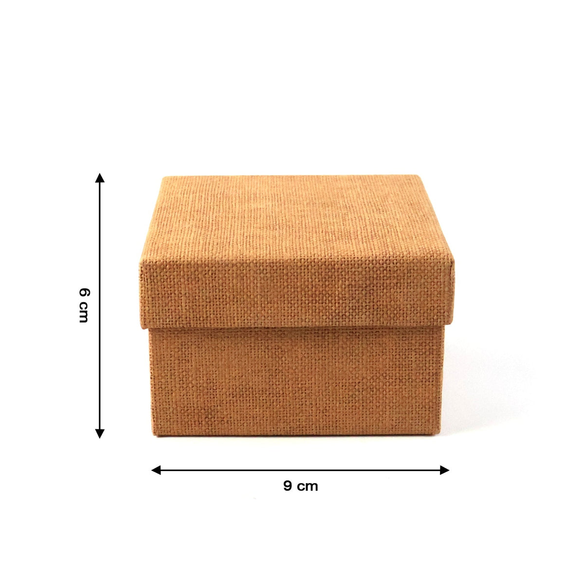A closed, square, brown textured gift box with dimensions 9 cm by 6 cm indicated by arrows.
