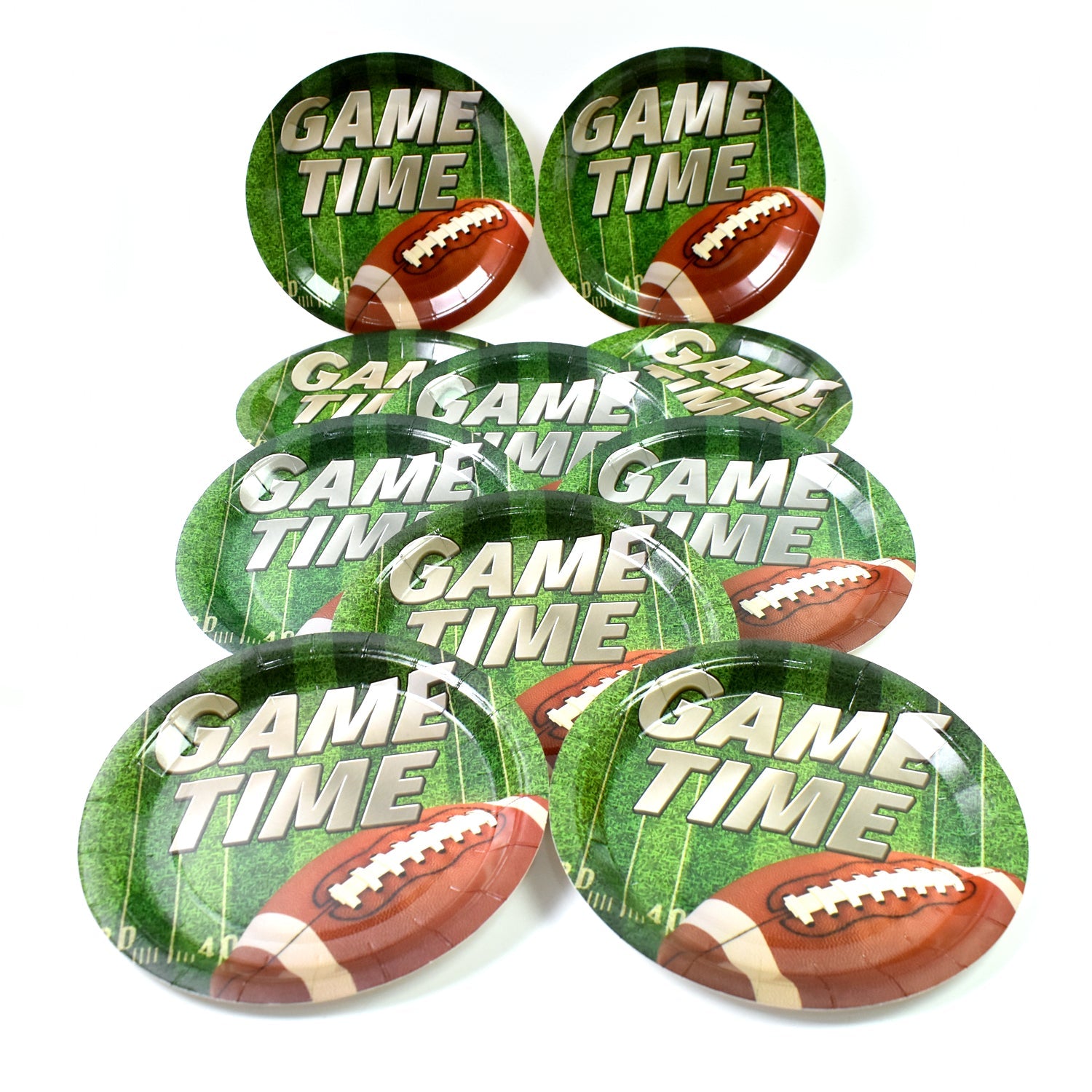 Ten green paper plates with a football and 'GAME TIME' text, arranged in rows on a white background.
