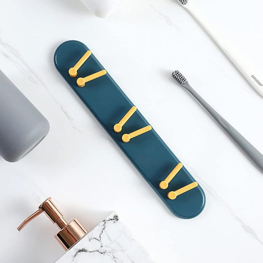 Efficient wall-mounted toothbrush holder with shelves and hooks for Indian bathrooms.