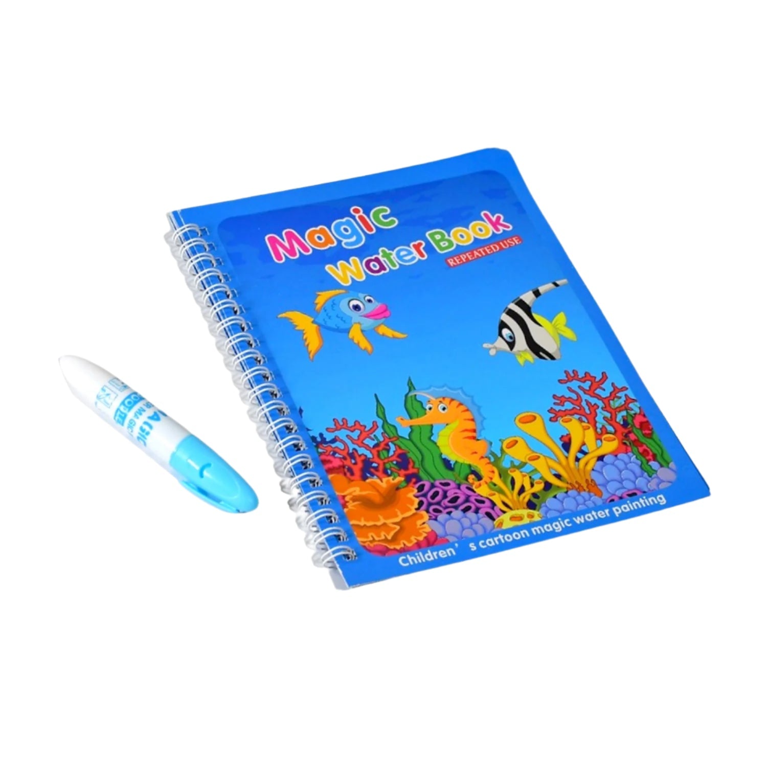 The blue 'Magic Water Book' featuring an underwater scene and a white water pen are isolated on a white background.