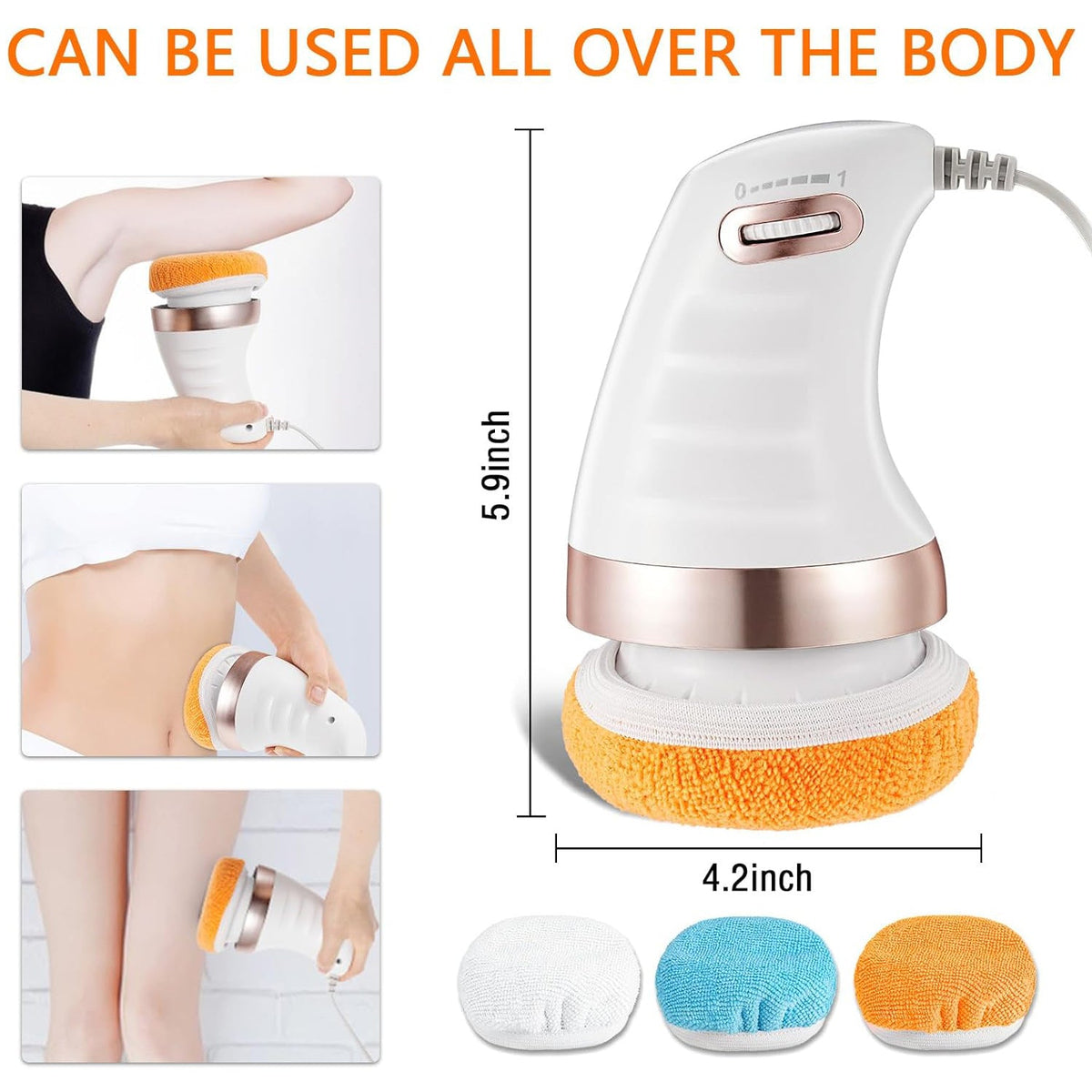 A white and rose gold massager with an orange pad, showing its dimensions (5.9 inches by 4.2 inches). Three insets show the