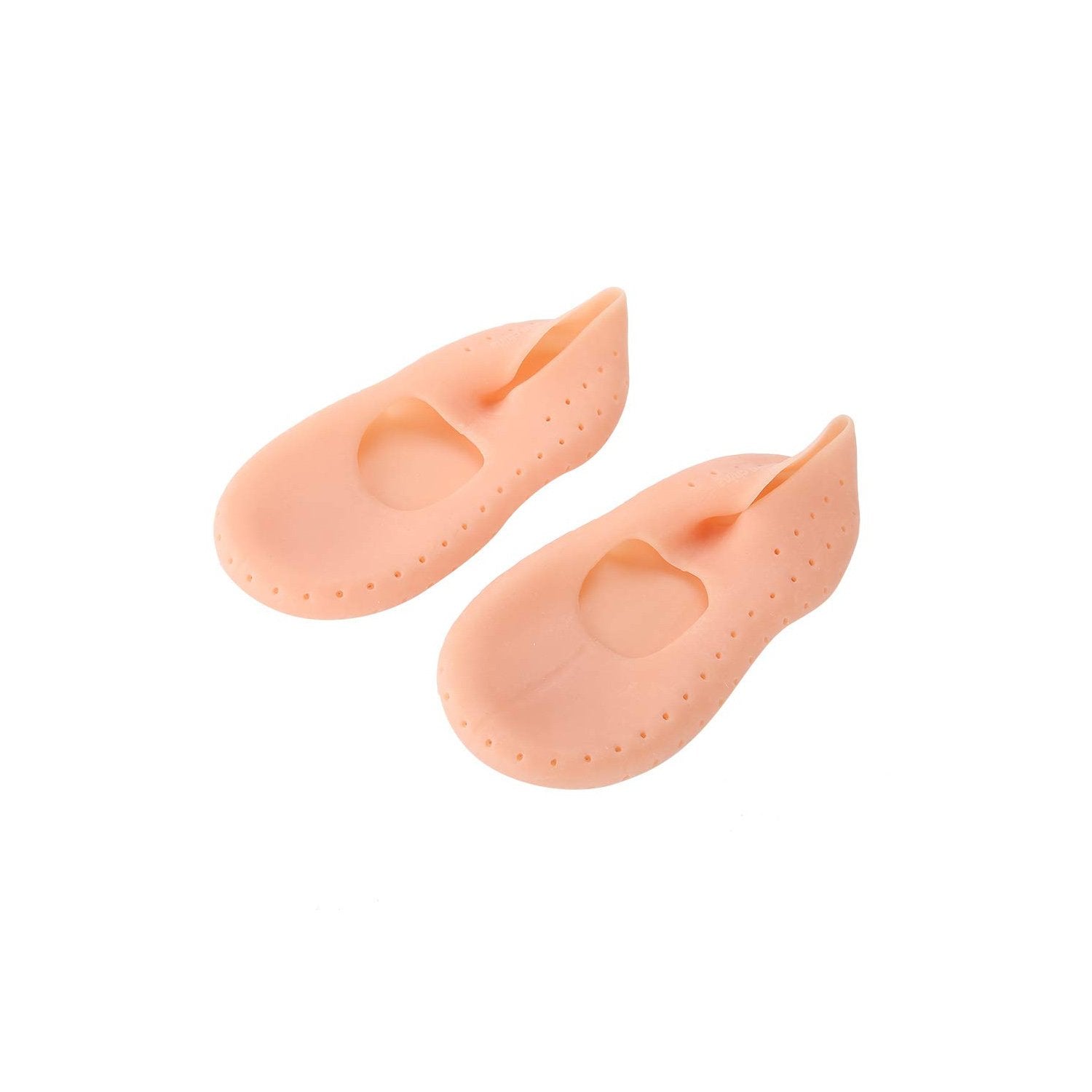 A pair of peach silicone heel socks with small ventilation holes on a white background.
