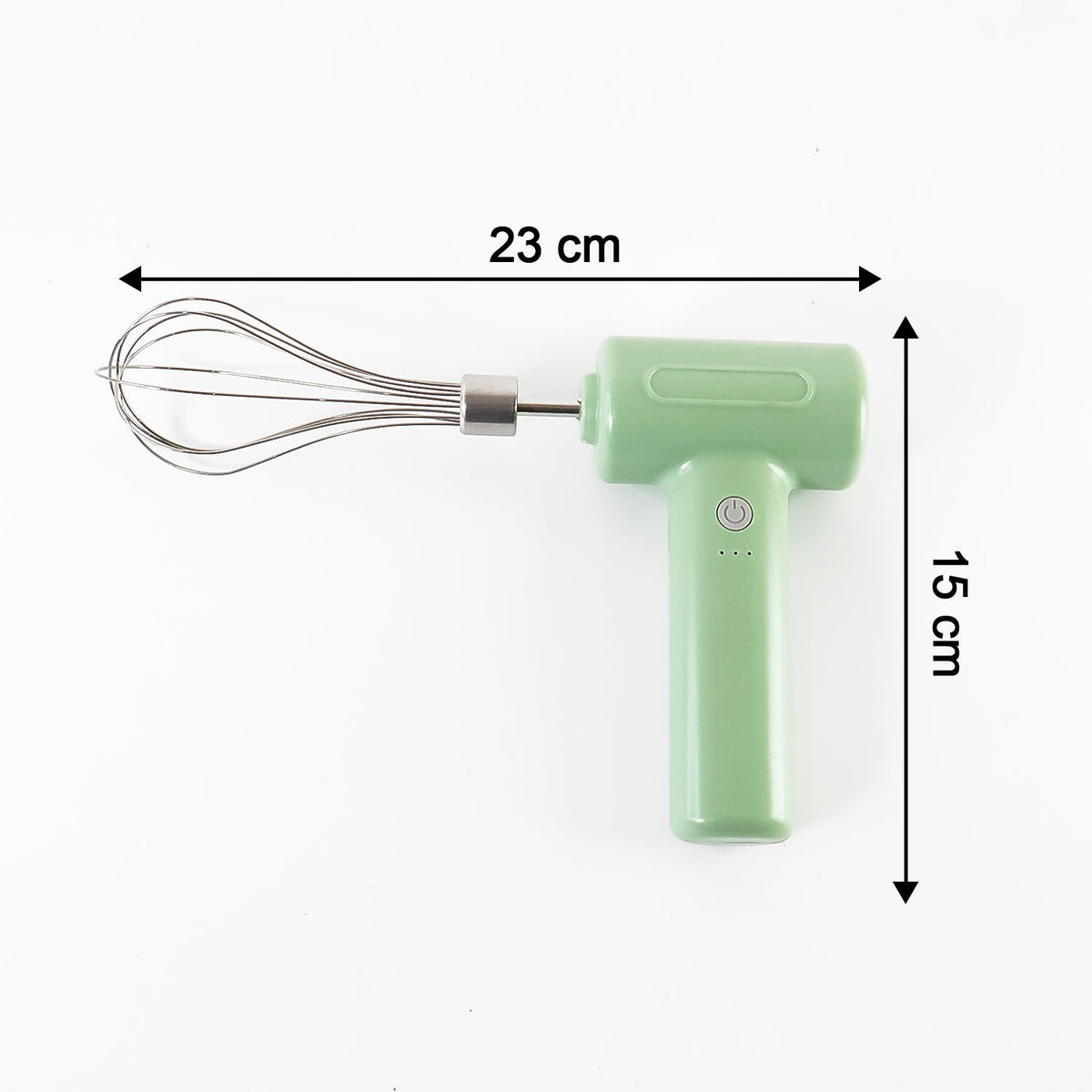 Top-down view of the light green cordless whisk with dimensions: 23 cm long and 15 cm high.