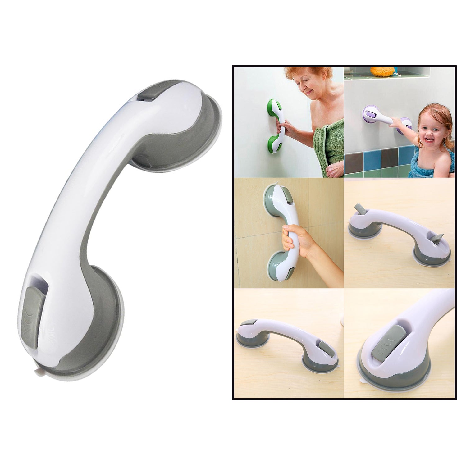 A white and gray suction grip handle is shown alongside smaller images of people using similar handles in a bathroom.