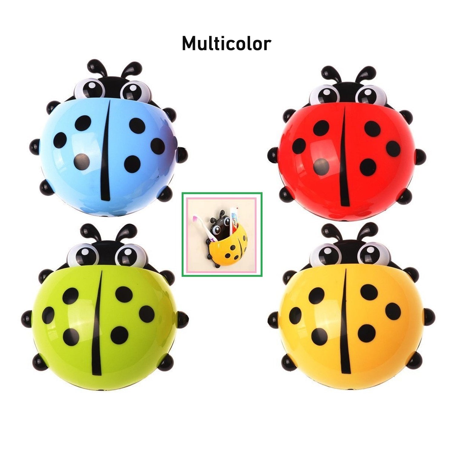 Four ladybug holders in blue, red, green, and yellow are arranged on a white background, labeled "Multicolor".