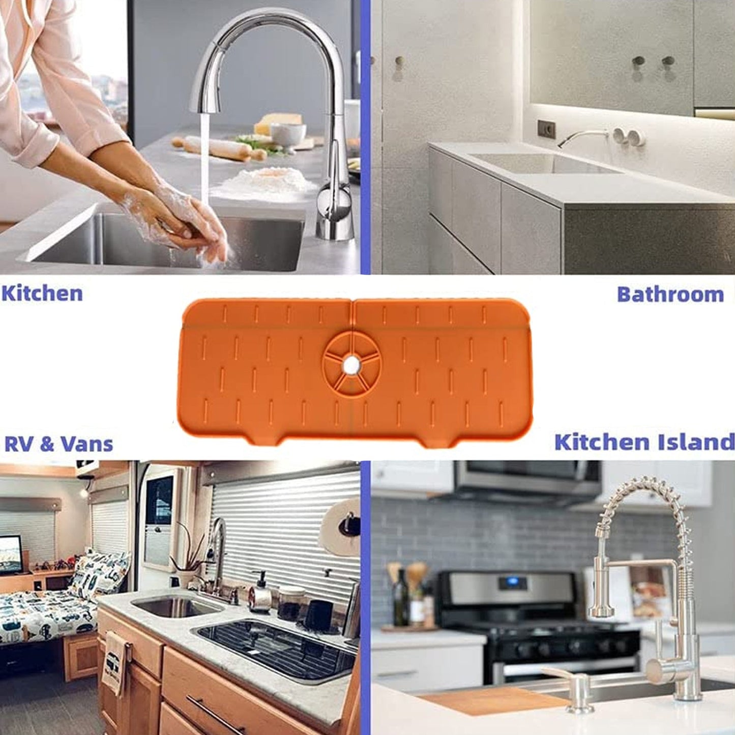 Collage showing an orange silicone splash guard used in kitchen, bathroom, RV, and kitchen island settings.