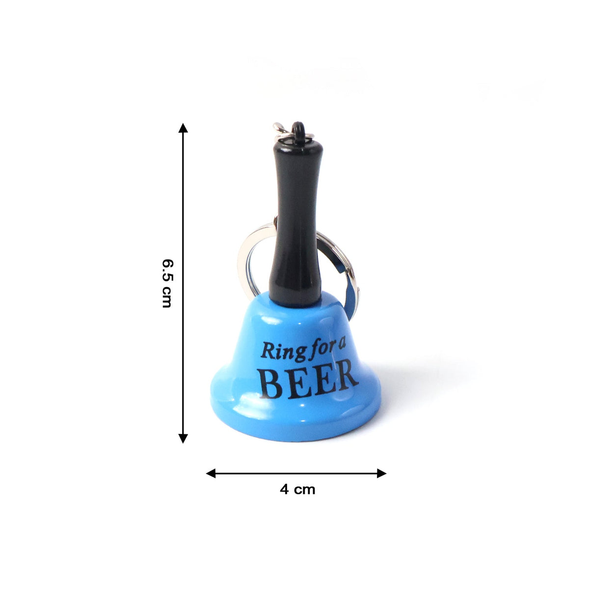 A blue mini hand bell keychain with "Ring for a BEER" printed on it, shown with dimensions of 6.5 cm height and 4 cm width.