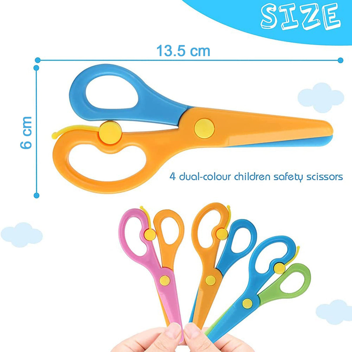 An illustration of blue and orange plastic scissors with dimensions, and three other colored pairs below.