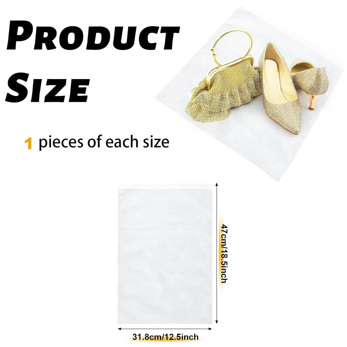 A white non-woven bag with dimensions 31.8cm by 47cm, next to a gold handbag and high heel.