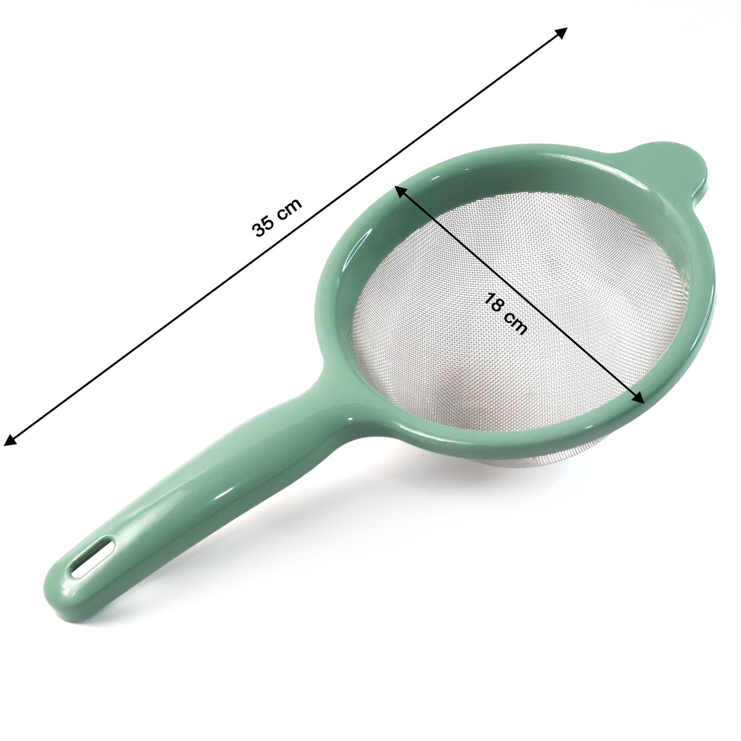 Kitchen strainer with wide rim and resting ear for stable placement on pots