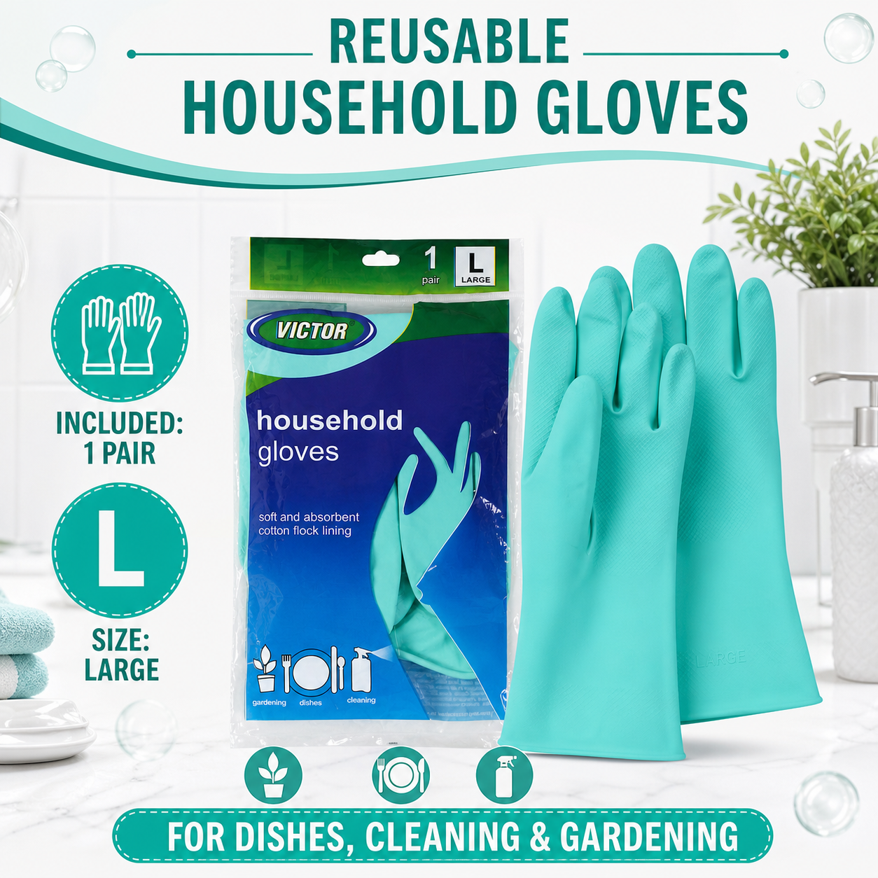 A pair of large teal household gloves in their clear plastic packaging is displayed next to an unpackaged pair on a kitchen
