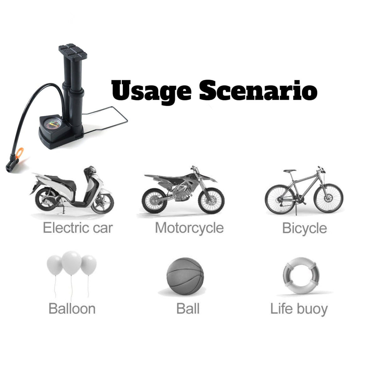 A diagram showing the usage scenarios for the black foot pump, including electric cars, motorcycles, and bicycles.