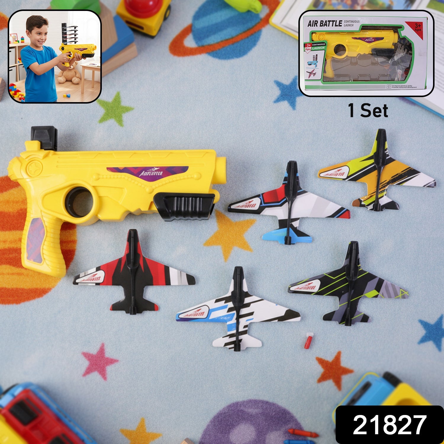 Set of foam glider planes and launcher gun for outdoor flying game