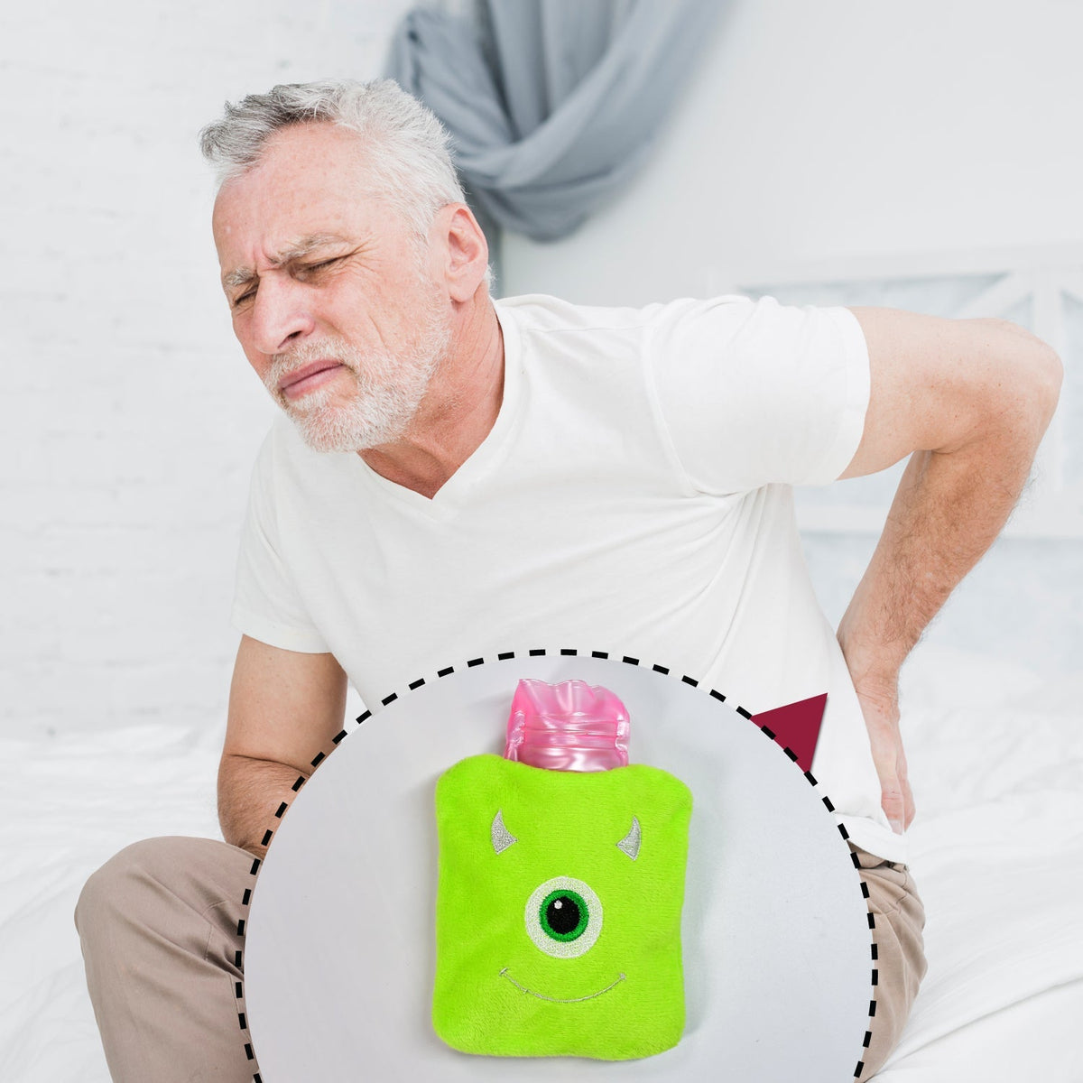 An older man holds his lower back in pain, with an inset showing the green monster hot water bag.