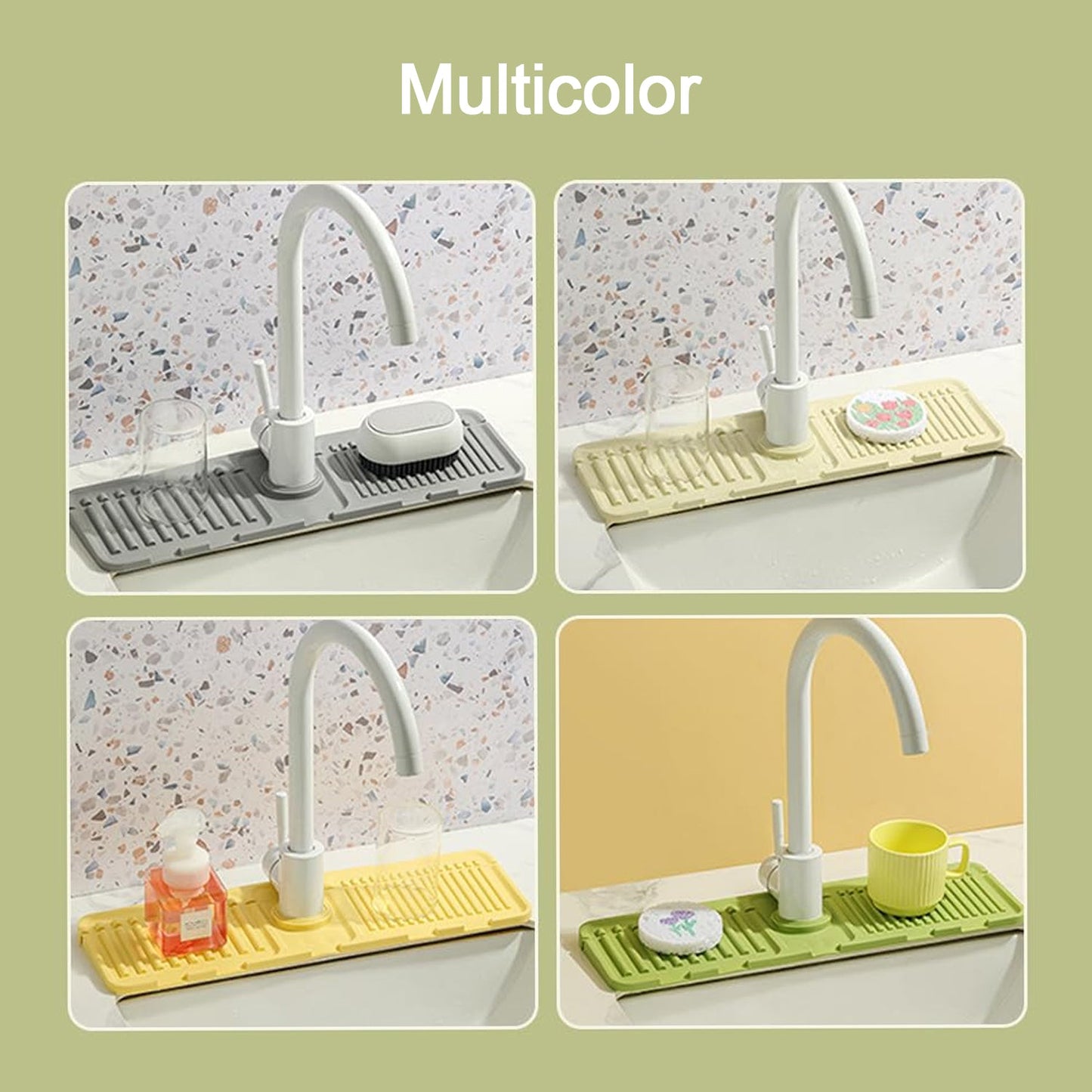Four different colored silicone faucet splash guards in various kitchen and bathroom settings.