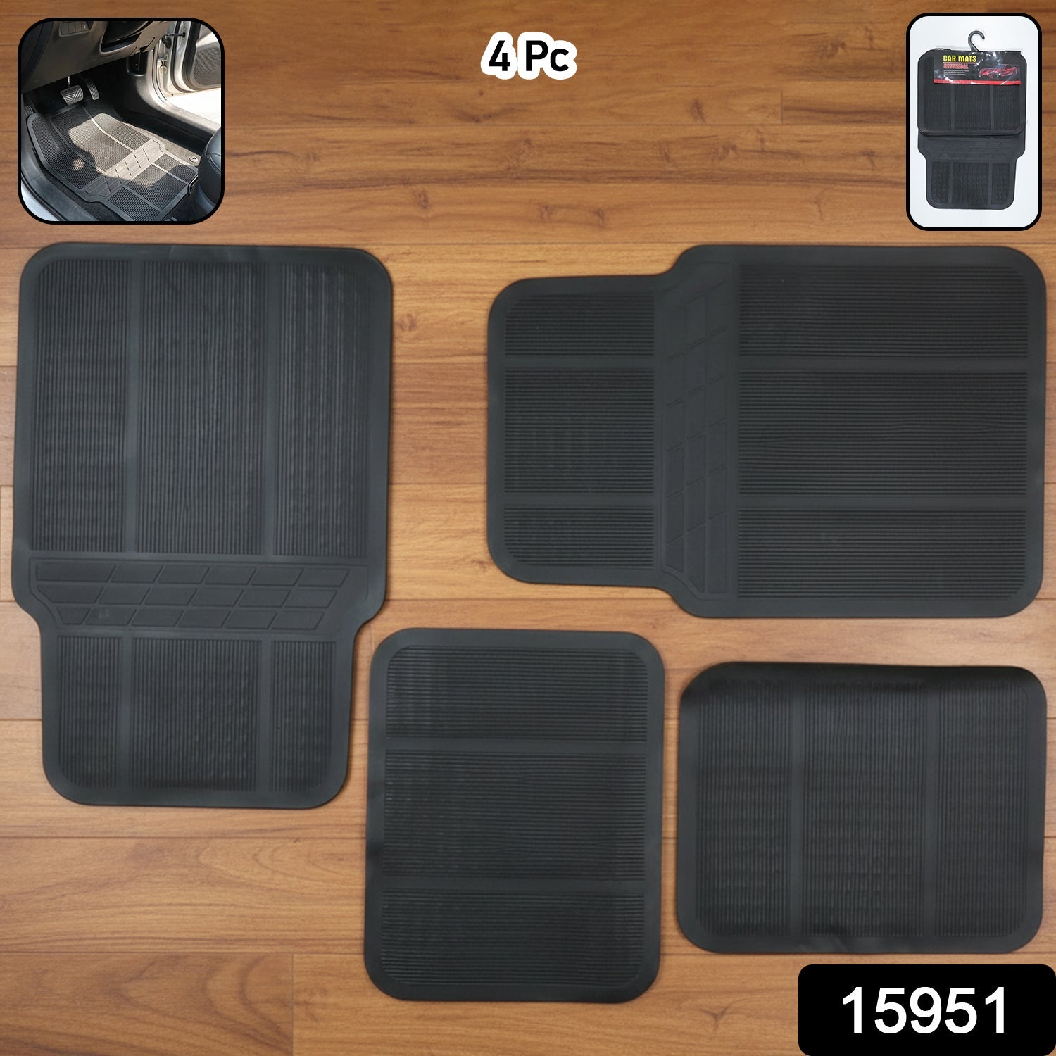 Durable rubber car mats with anti-slip surface in set of four