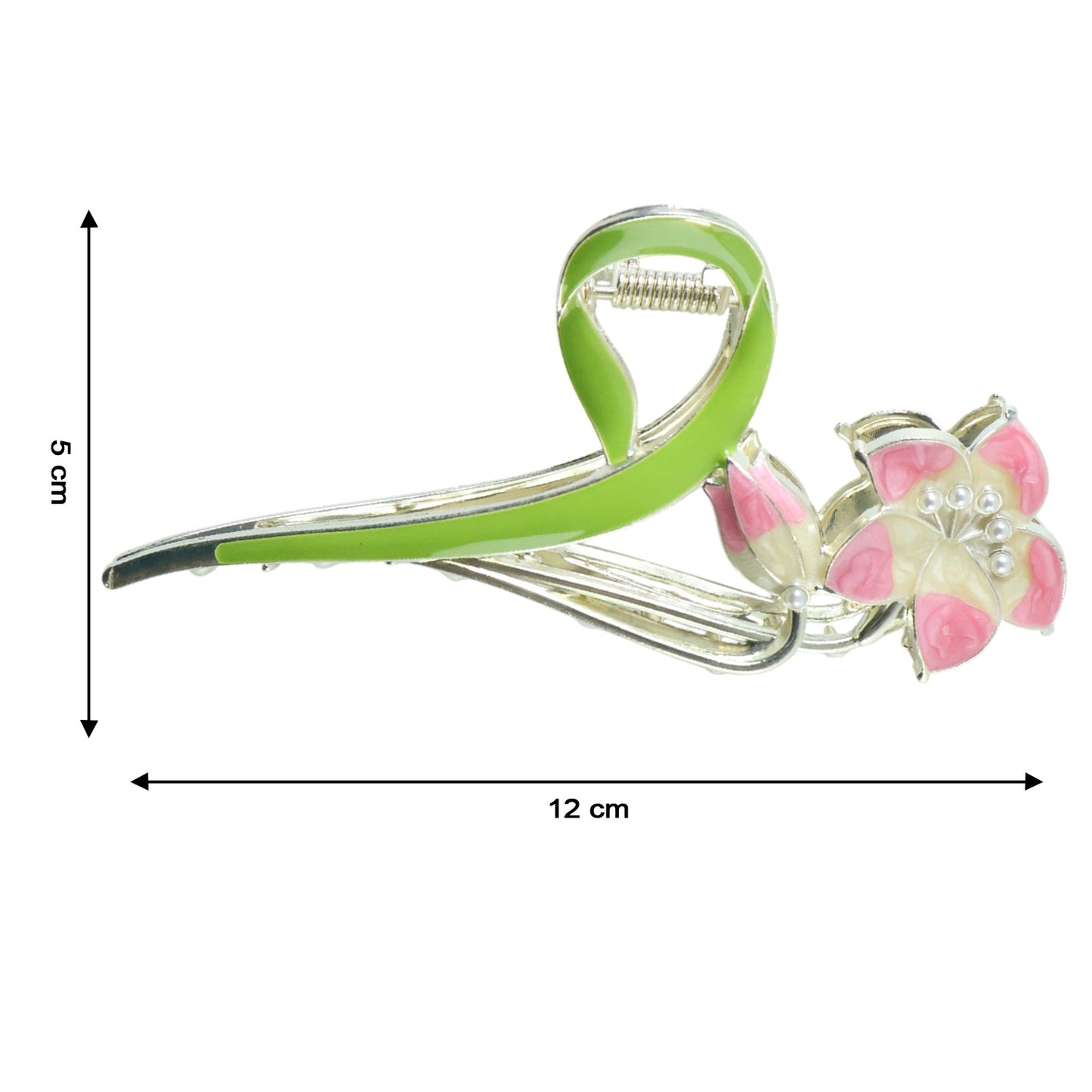 Green leaf and pink flower hair claw clip accessory