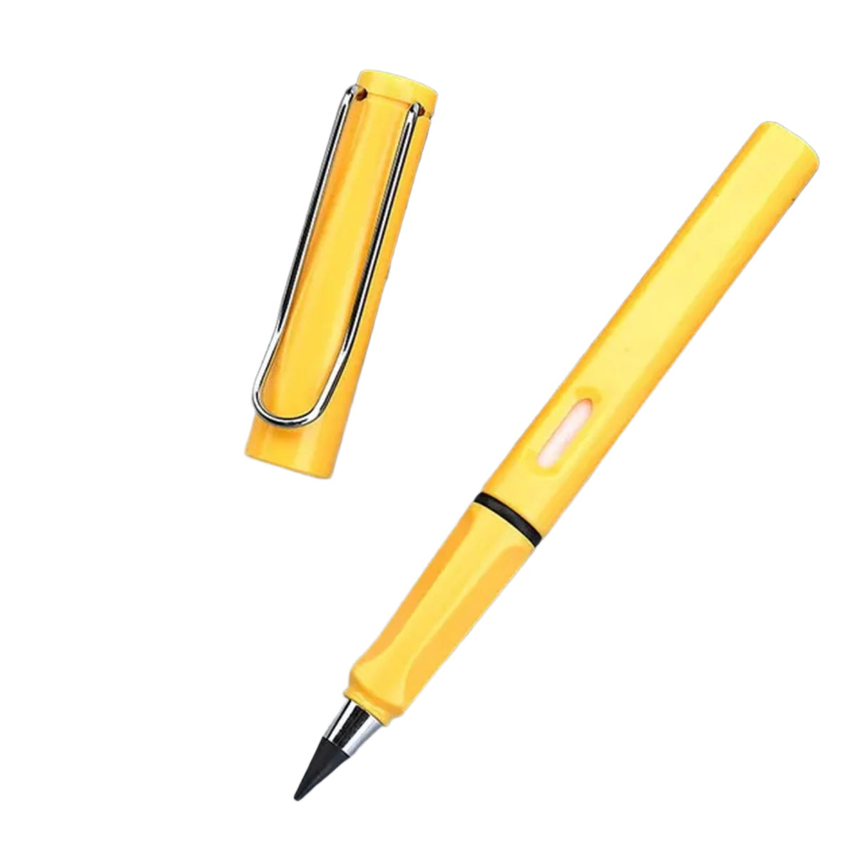 A bright yellow inkless pencil with its cap off is displayed against a white background.