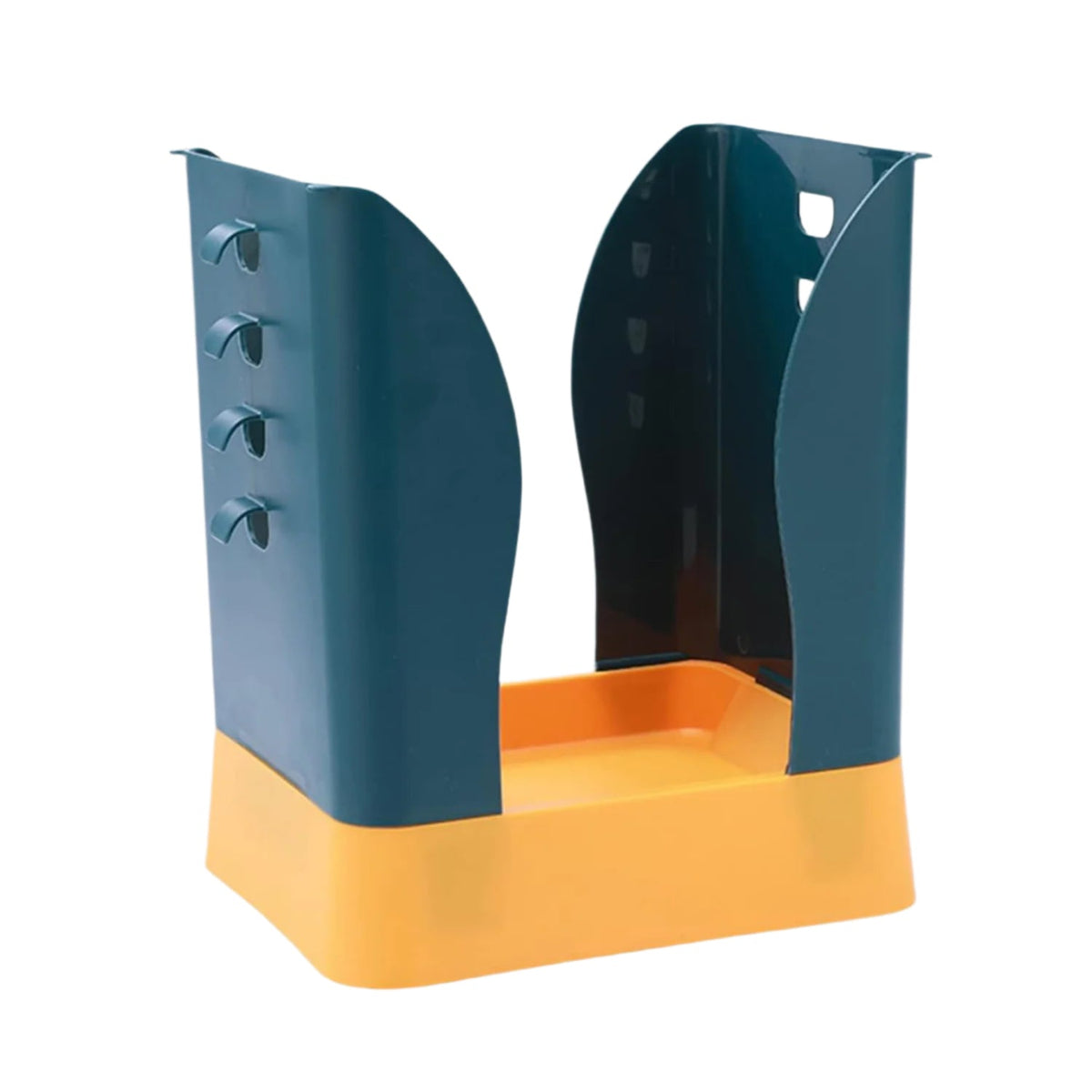A teal and orange trash bag holder, without a bag, is shown against a white background.