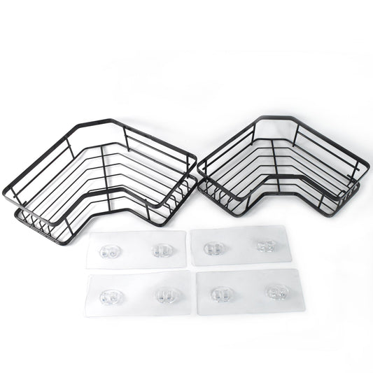 Two-piece stainless steel corner shelf organizer with black iron coating mounted on bathroom wall