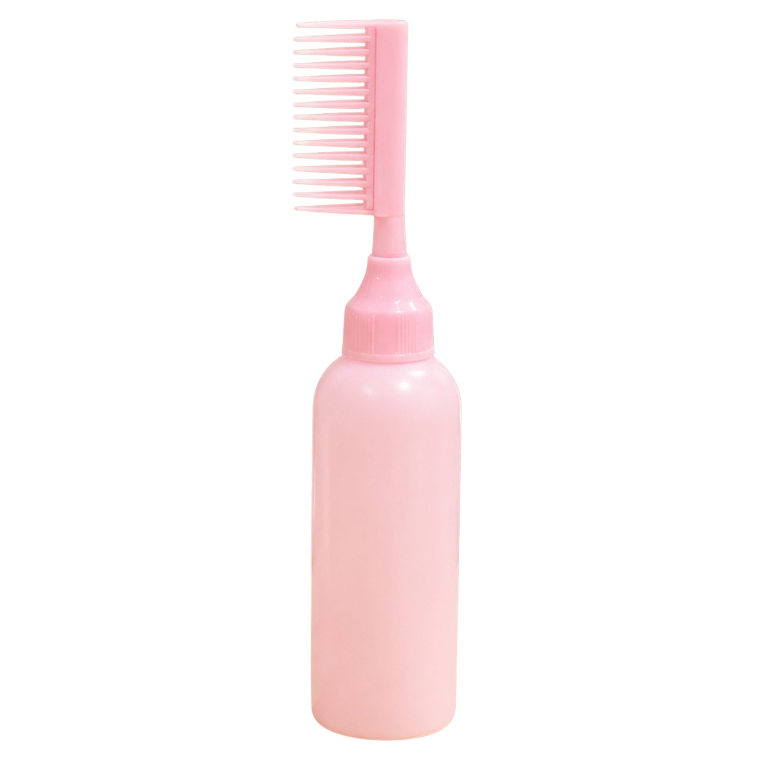 The pink 2 In 1 Hair Oil Applicator Bottle with Scalp Comb stands upright against a plain white background.