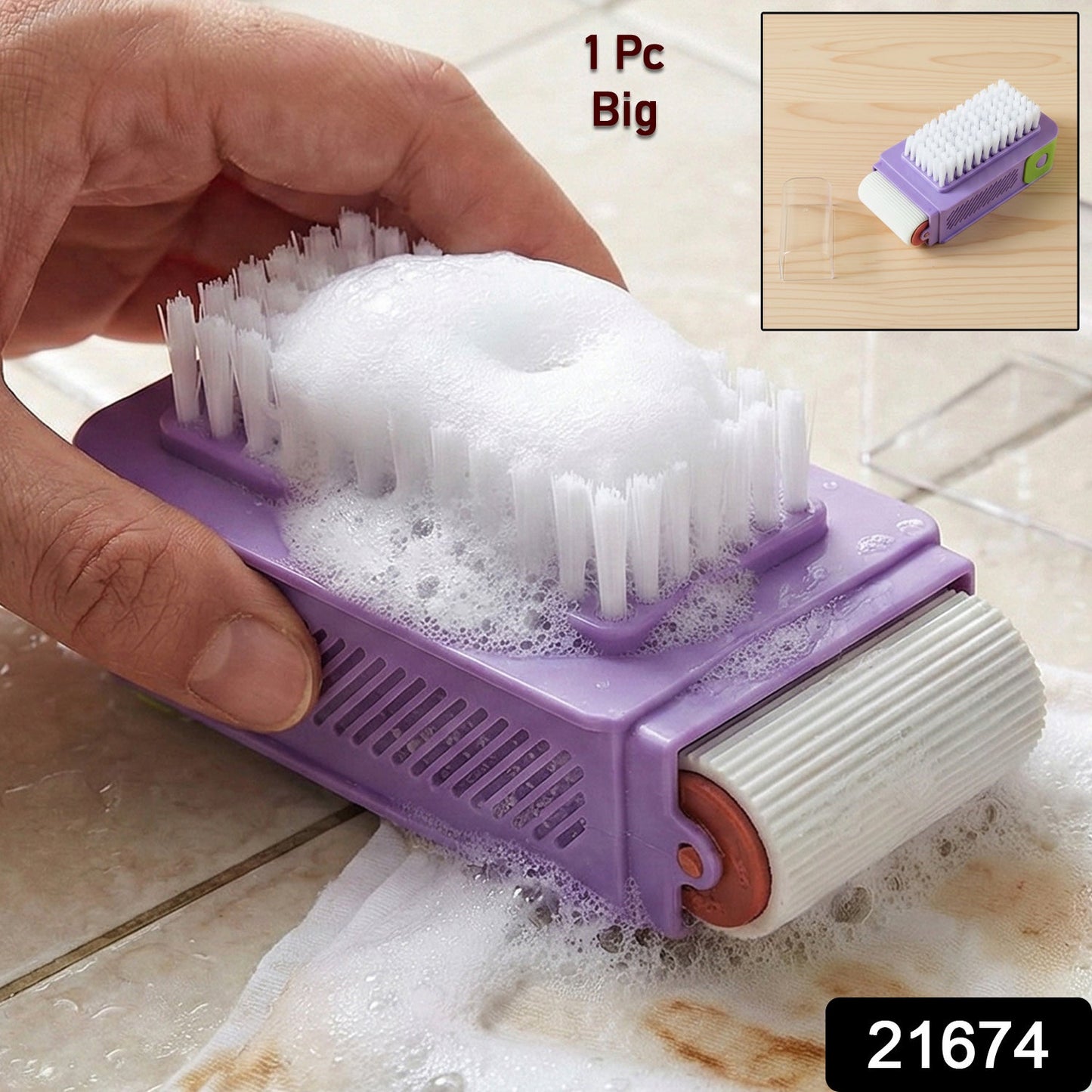 Cleaning brush showing ergonomic handle and roller scrubber for effortless cleaning