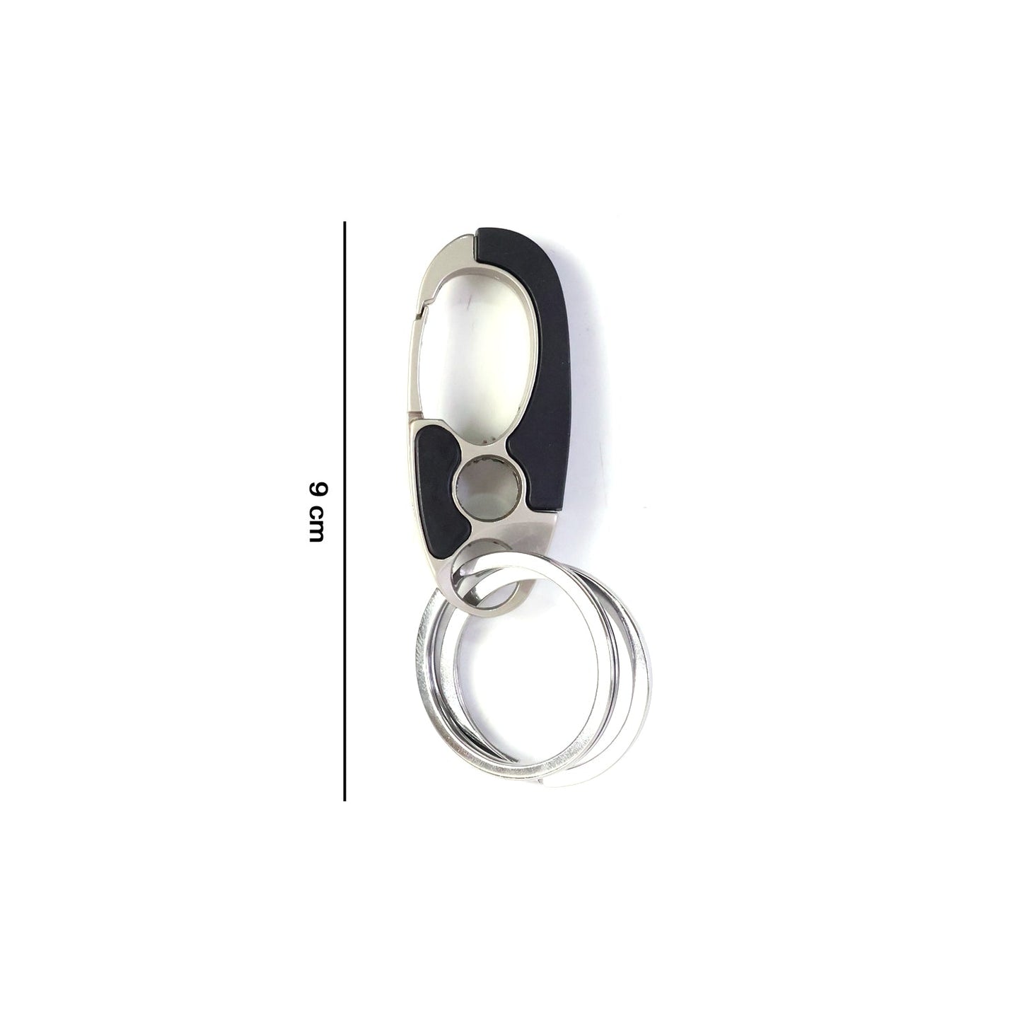 Close-up of locking clip mechanism on stainless steel keychain