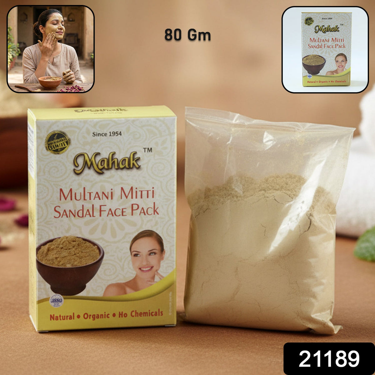 Mahak Multani Mitti Sandal Face Pack box and a clear bag of powder, with two inset images and '80 Gm' and '21189' text.