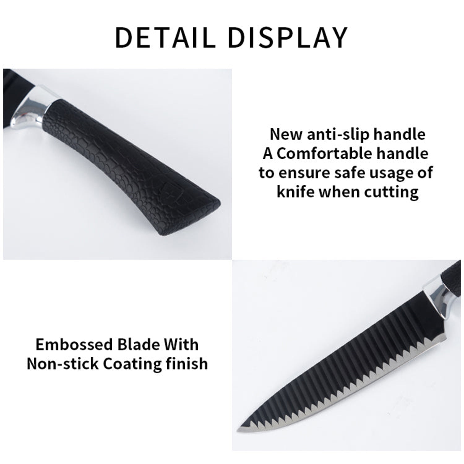 Close-up views of the black textured anti-slip handle and the embossed serrated blade with non-stick coating.