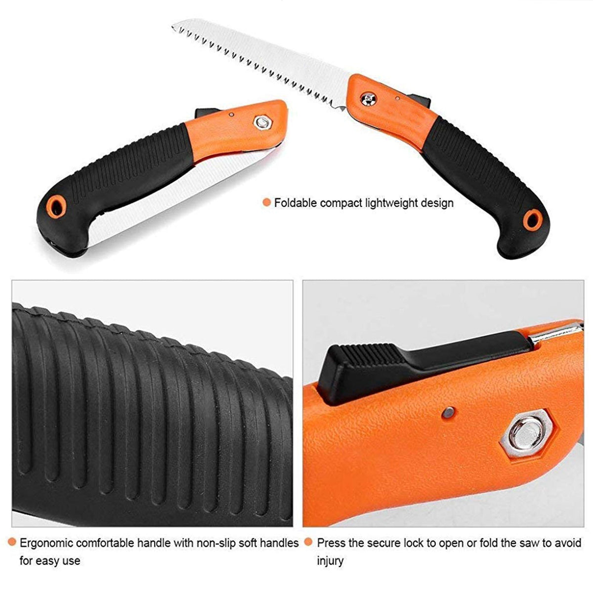 A split image showing the folding saw open and closed, with close-ups of the ribbed handle and the blade lock mechanism.