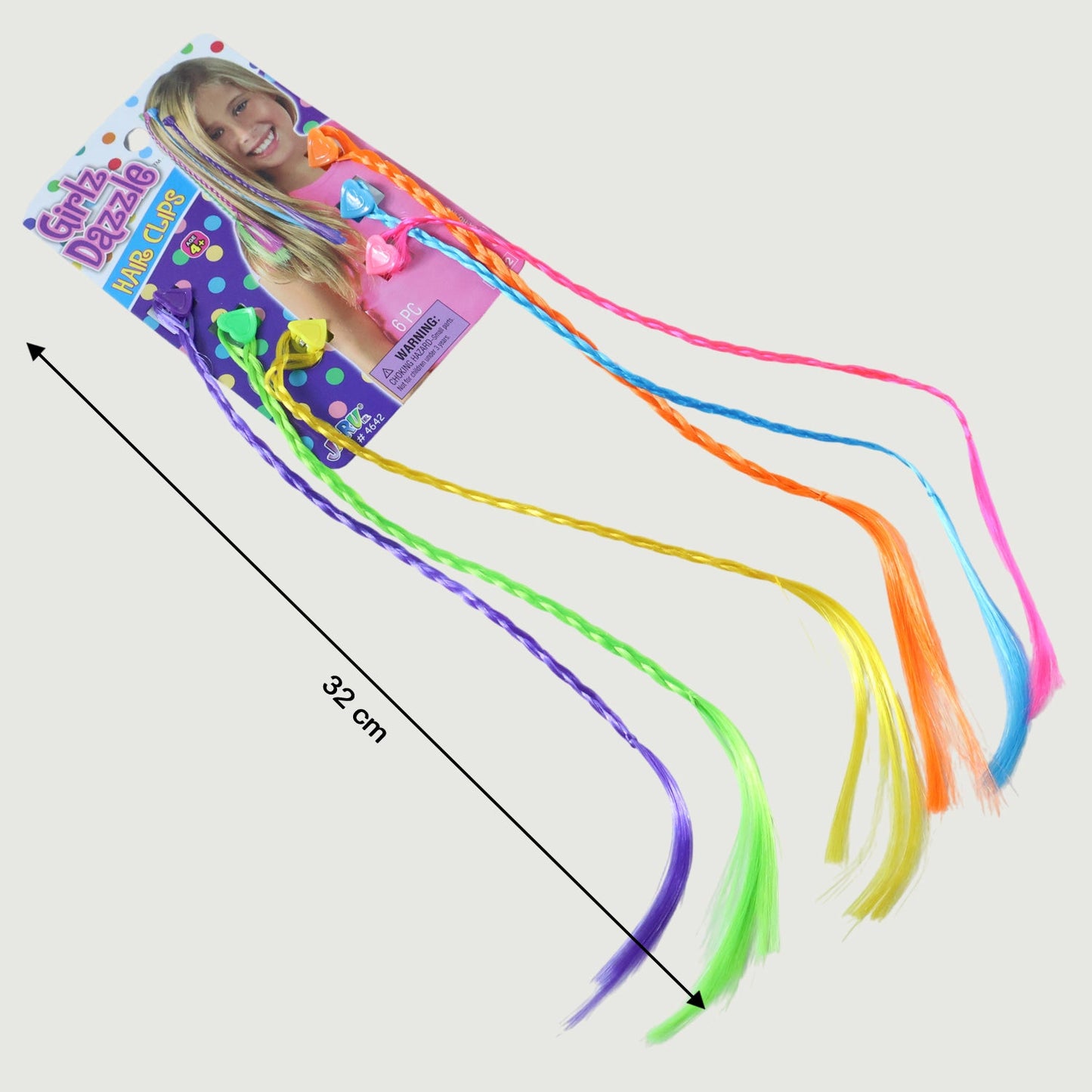 Six colorful braided hair extensions in packaging with a 32 cm length measurement overlay.