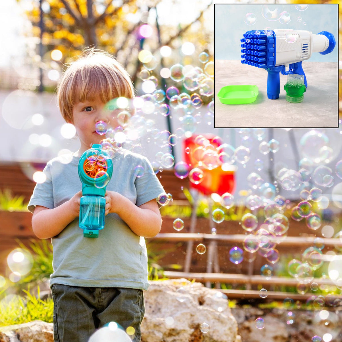 A young child holds a smaller blue bubble wand, surrounded by bubbles in an outdoor setting, with the gun in an inset.