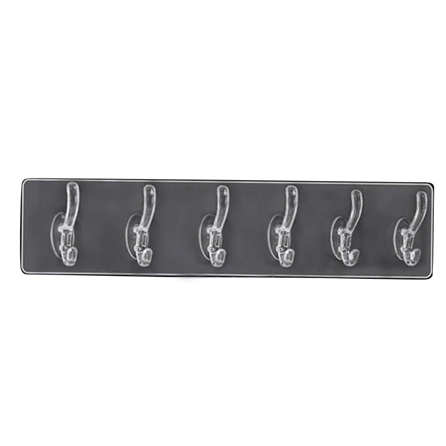 A clear plastic 6-hook adhesive wall rail is centered against a solid dark gray background.