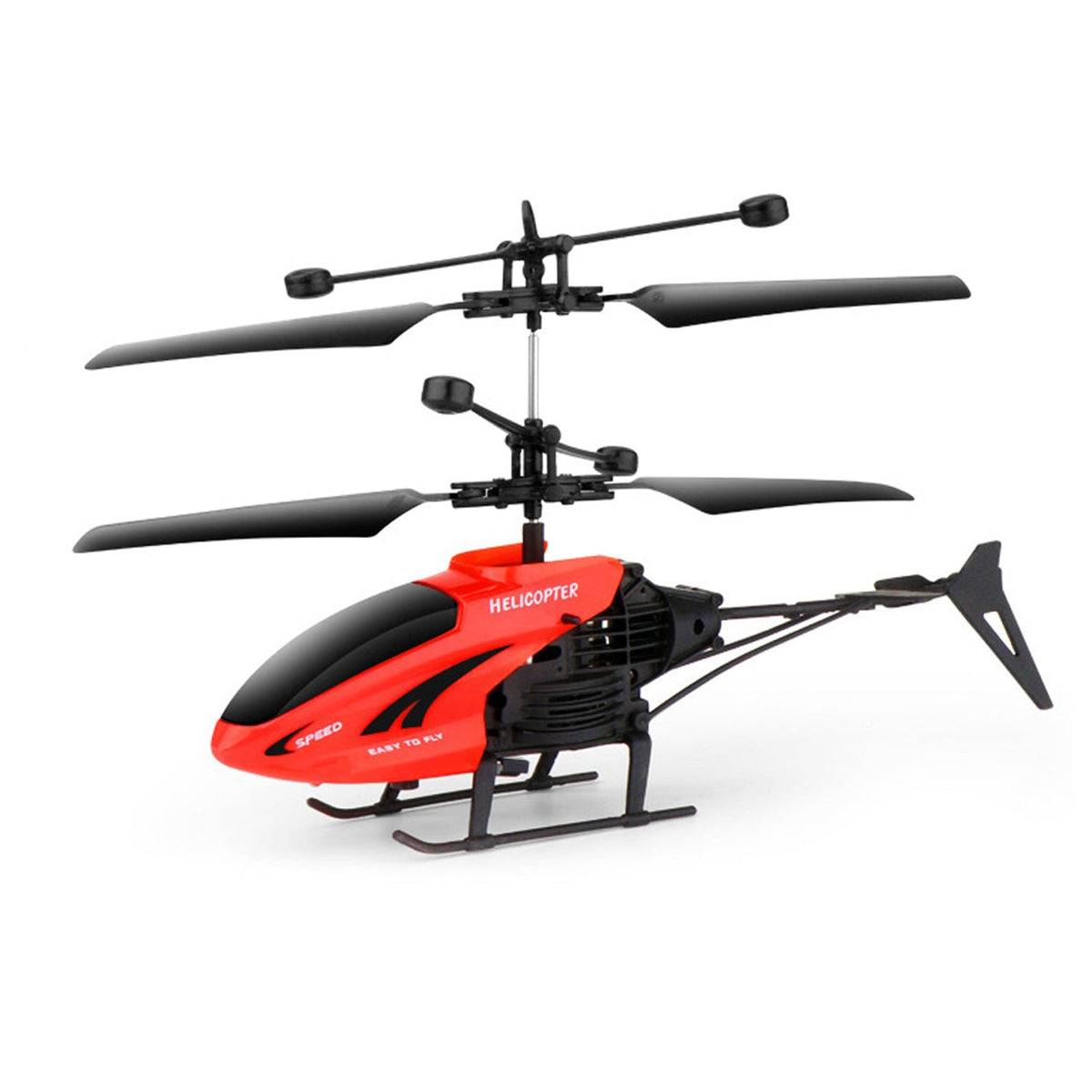 A red and black toy helicopter with black blades and landing gear, isolated on a white background.