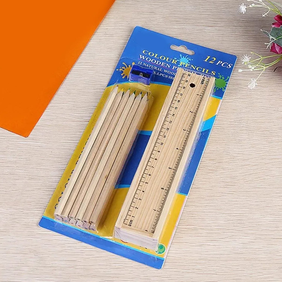 Side view of the wooden pencil box with the colourful wooden colored pencils stored inside.
