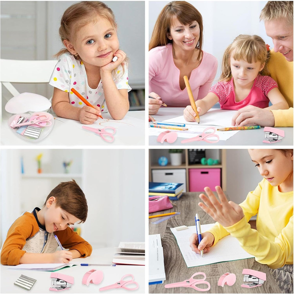 A four-panel collage showing children and adults using the pink mini stationery set for various activities like drawing and