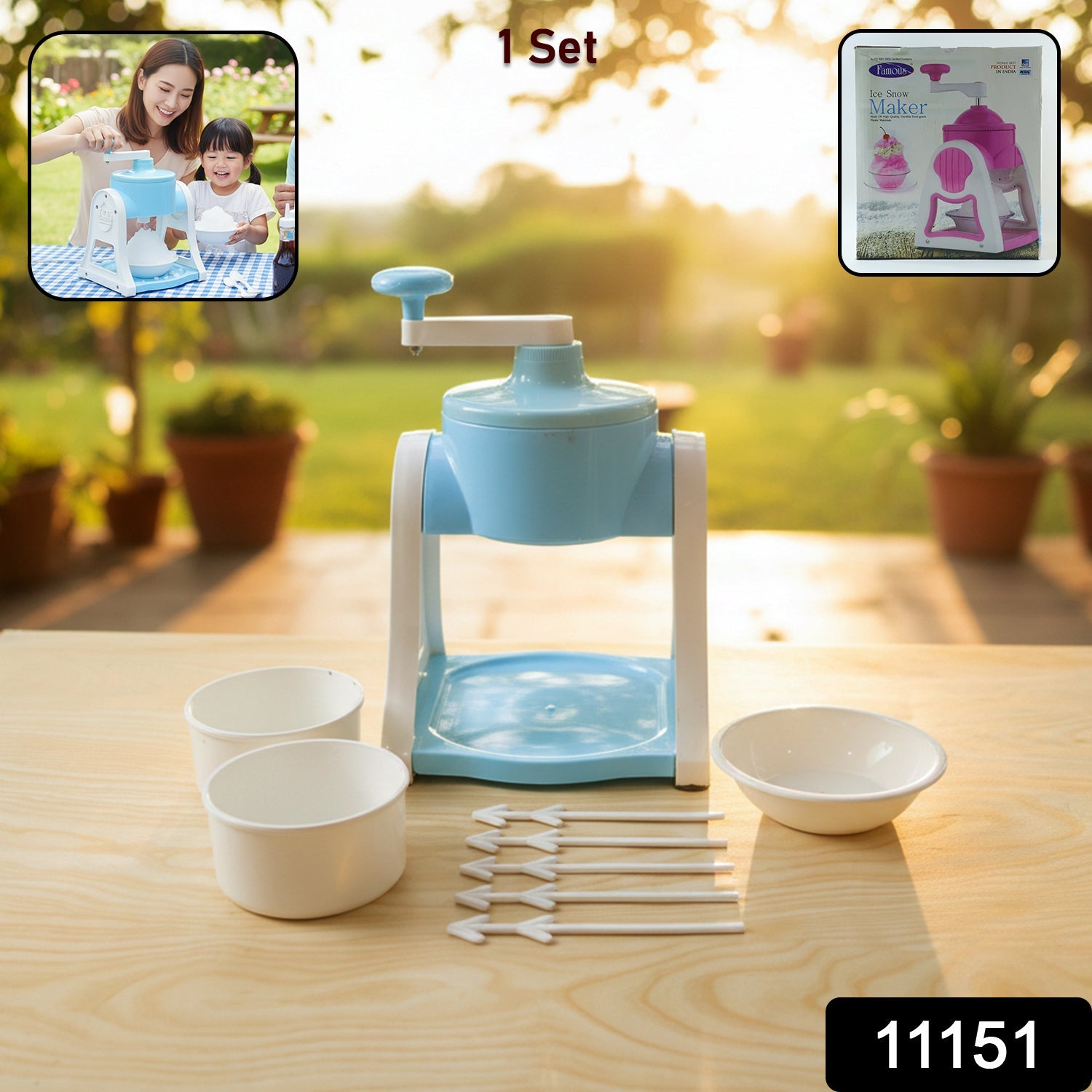 Portable manual ice crusher machine set in blue color for making ice golas and slush