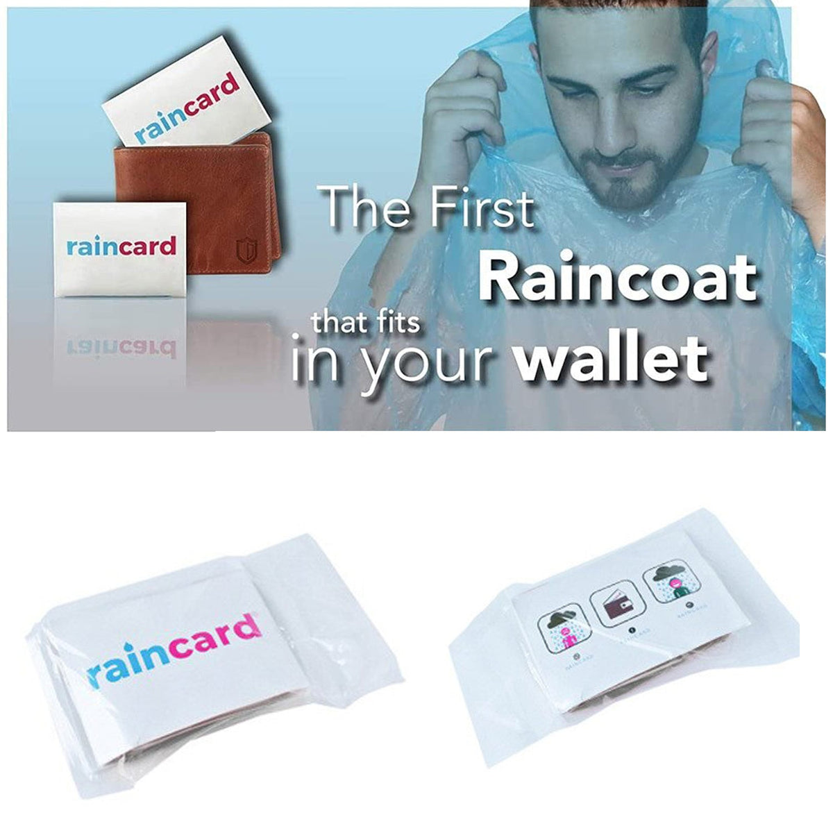 Promotional image showing a 'raincard' in a wallet and a man putting on a blue poncho, with text 'The First Raincoat that