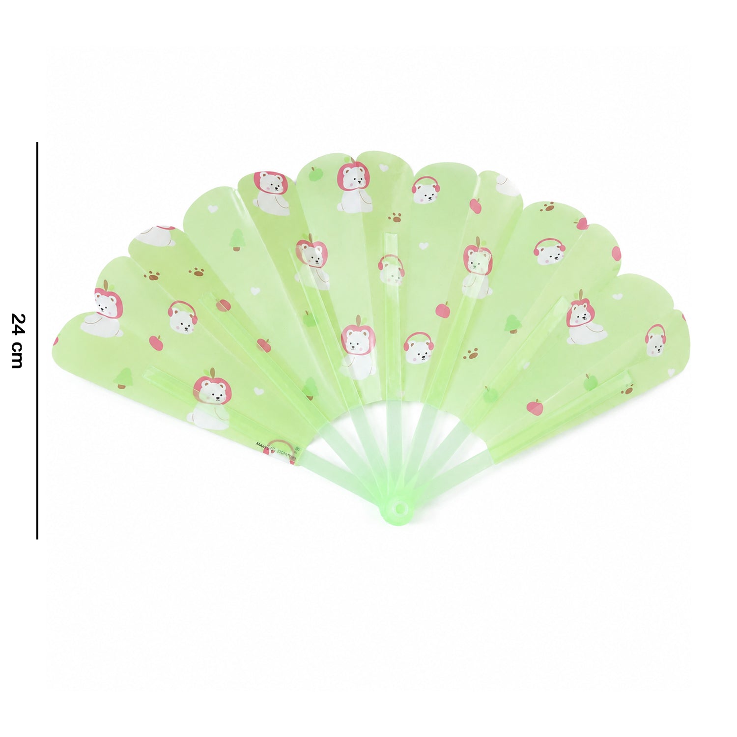 An open green plastic fan with a scalloped edge and a pattern of white bears and red apples, showing 24 cm length.