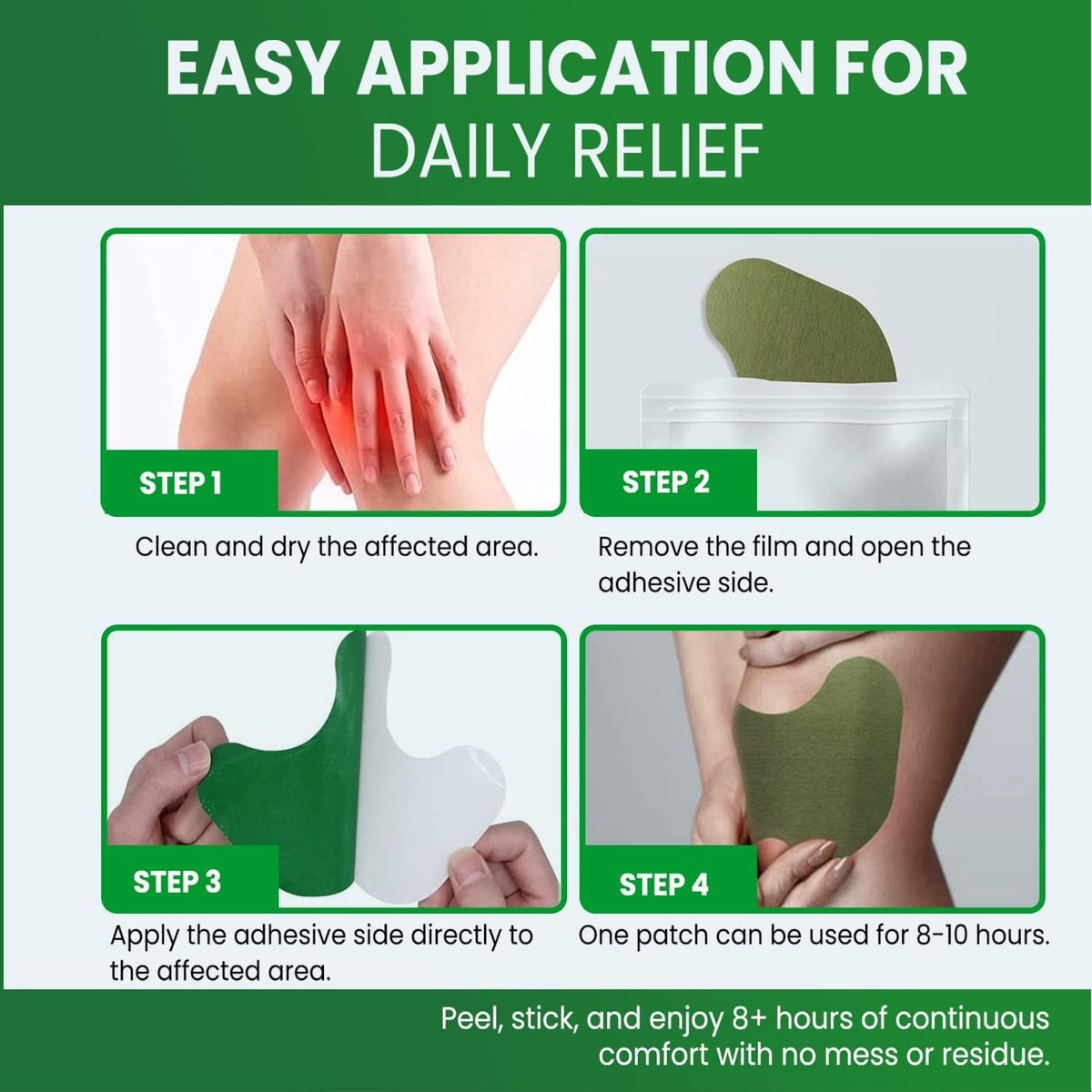 A four-step guide demonstrates how to apply the green relief patch to the knee for daily relief.