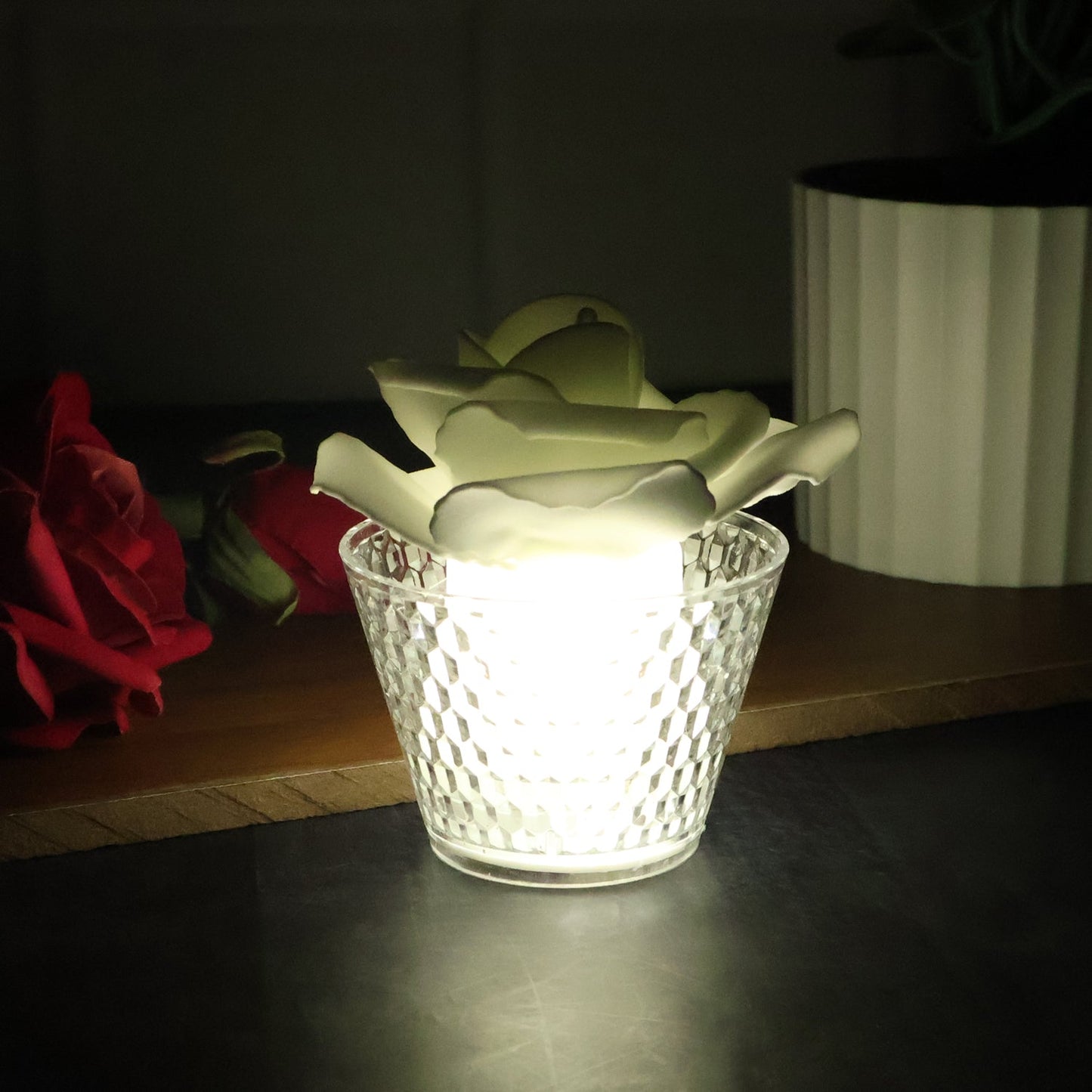 Romantic flame-free yellow light from rose shaped decorative LED candle