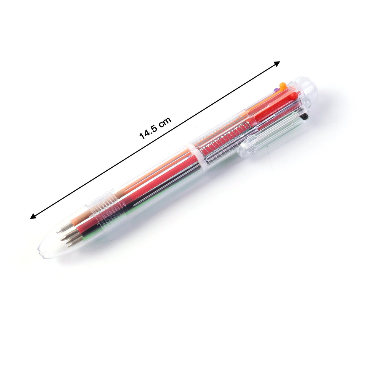 A clear 6-in-1 multicolor ballpoint pen with visible ink cartridges is shown on a white background with a 14.5 cm